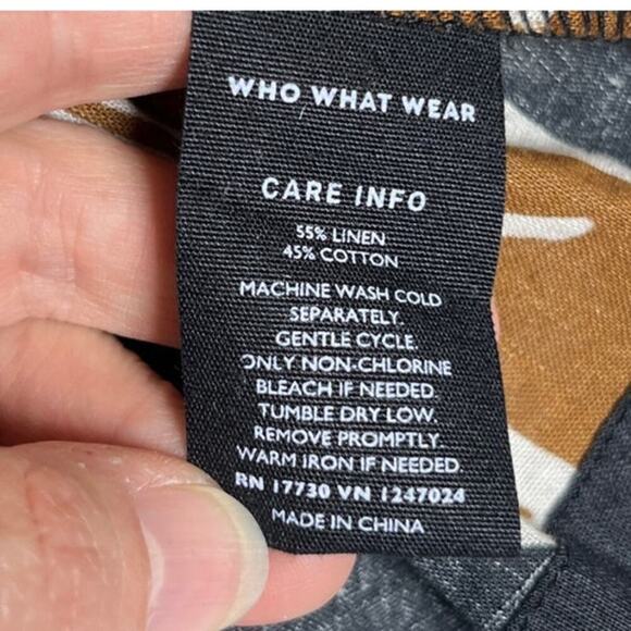 Who What Wear Puff Sleeve Top XS Linen Blend Brown Black Print Minimal - Picture 4 of 8